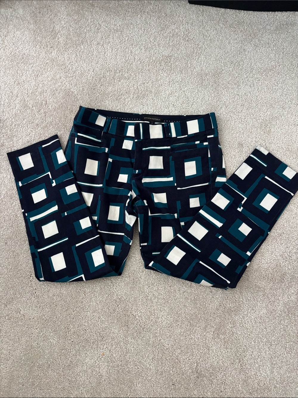 Banana Republic Navy, Teal & White Patterned Pants